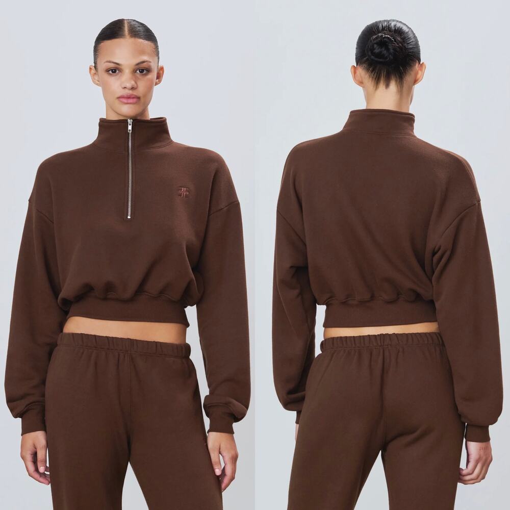 Eterne Chocolate Brown Cropped Half-Zip Sweatshirt